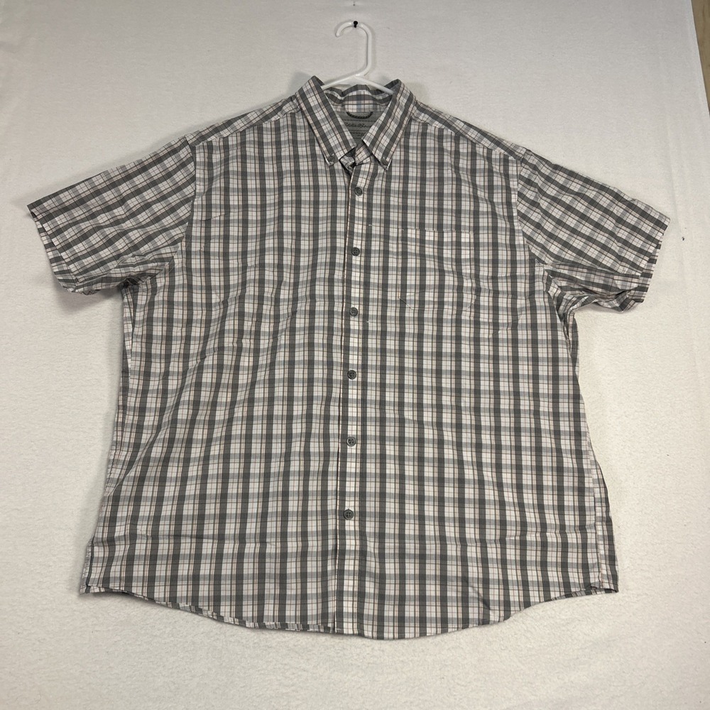 Eddie Bauer Men's 2XL Button Down Shirt Classic Fit Tan White Plaid Short Sleeve